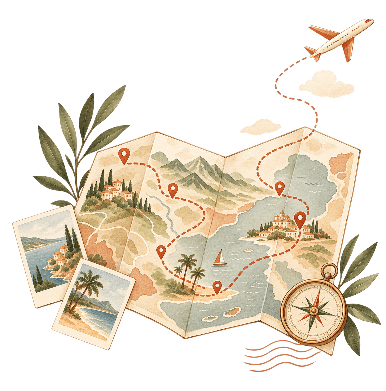 Mapa ilustrado com uma rota de viagem, pinos de localização, bússola e avião